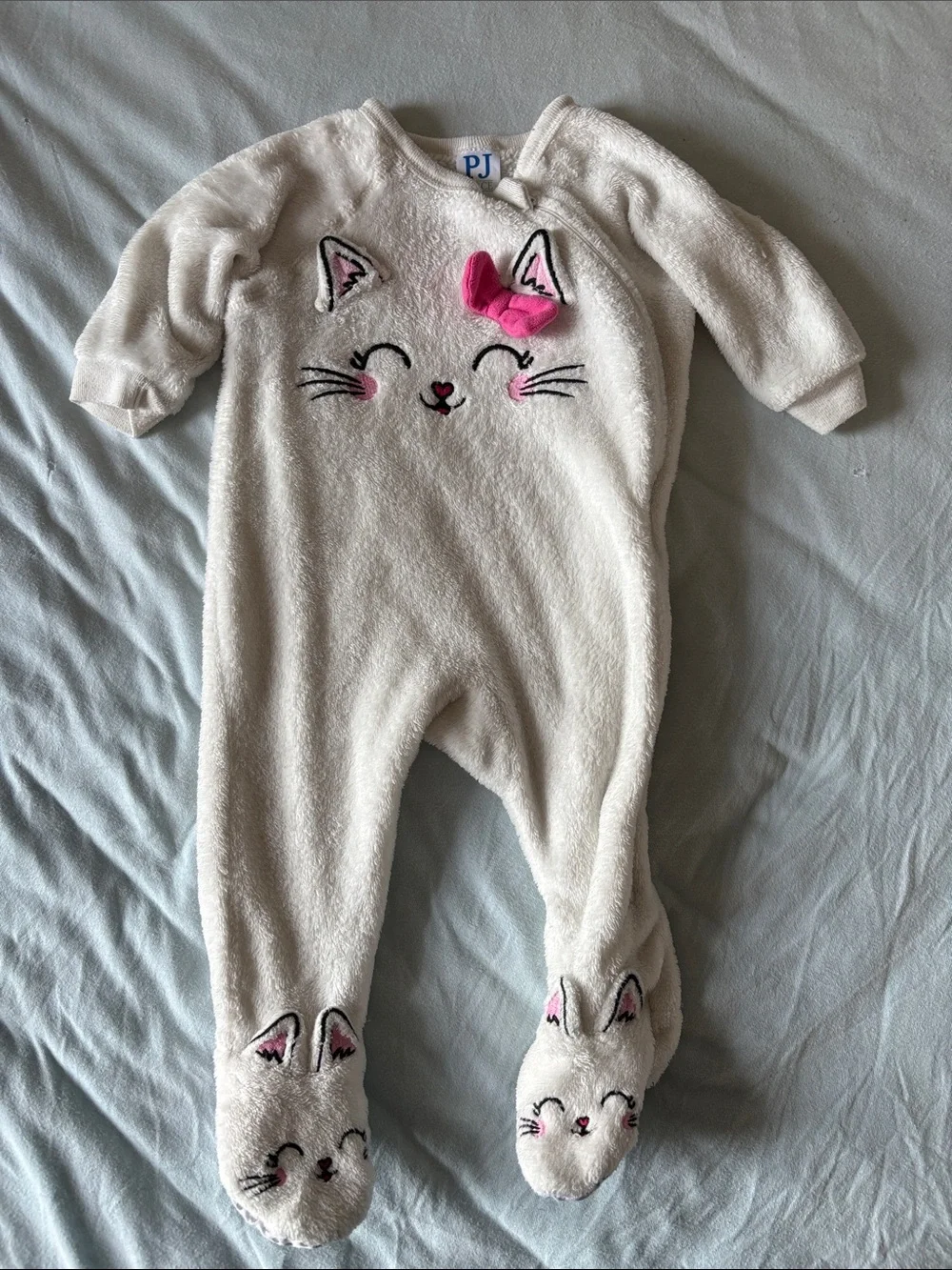White Plush Cat with Pink Bow Footed Pajamas